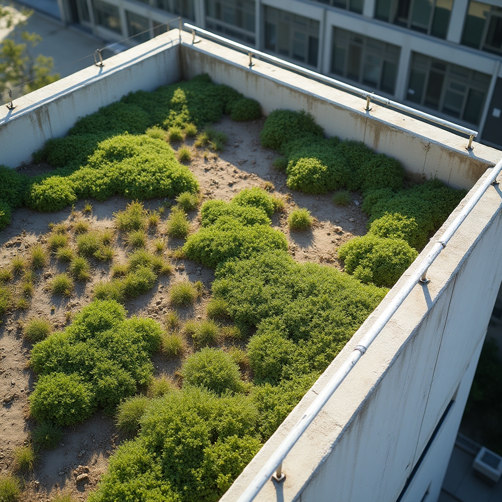 Terraza de un edificio educativo con cubierta vegetal extensiva en etapa de crecimiento