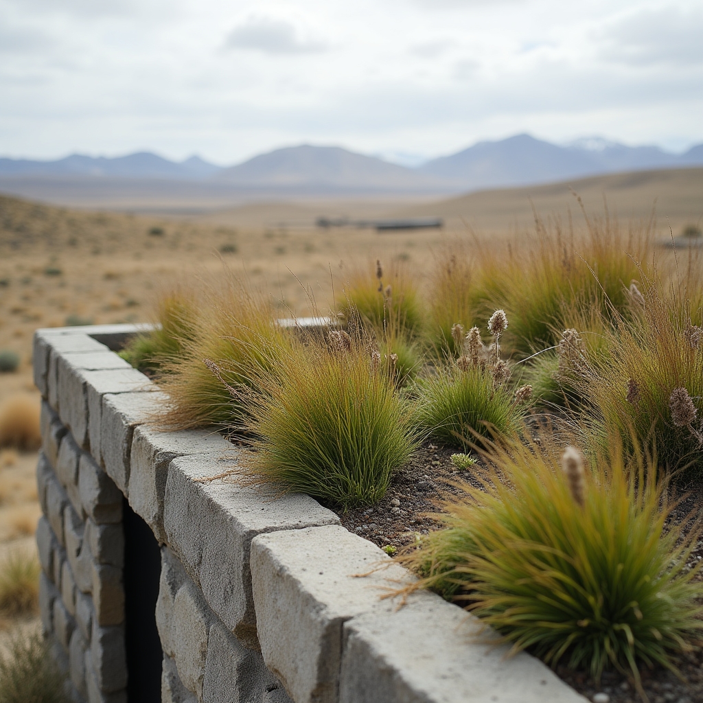 Cubierta vegetal resistente al frío sobre un edificio patagónico con vegetación baja