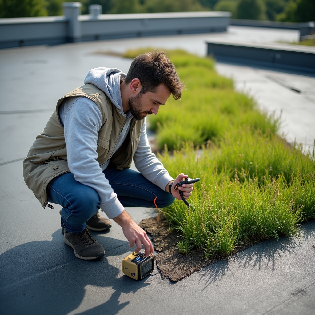 Investigador registrando datos de temperatura sobre una cubierta vegetal experimental