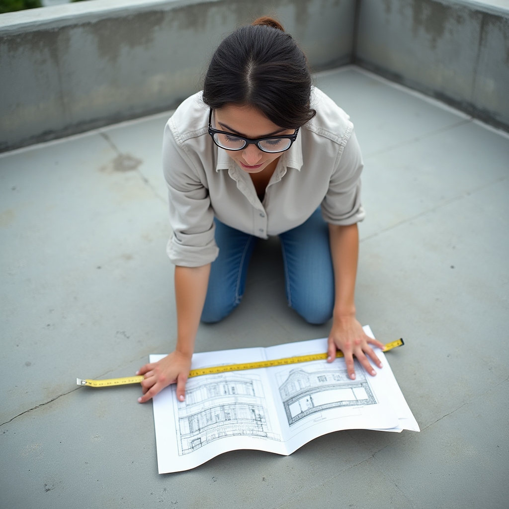 Profesional técnico revisando planos estructurales junto a una losa de hormigón