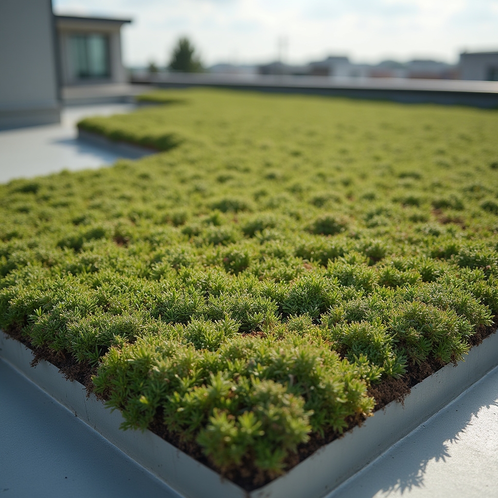 Detalle de un techo verde extensivo cubierto de sedum y suculentas rastreras